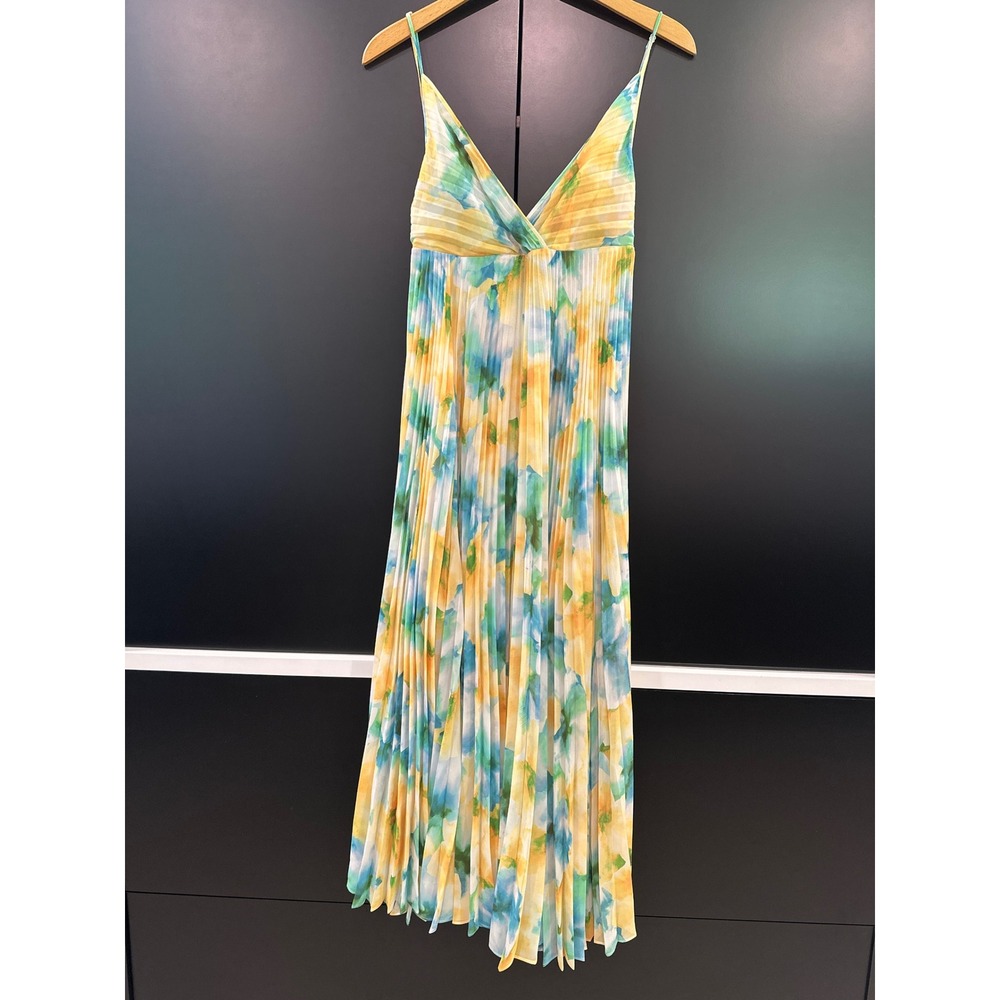 MISA Los Angeles XXS Pleated Maxi Dress Yellow Floral Watercolor Chiffon NEW